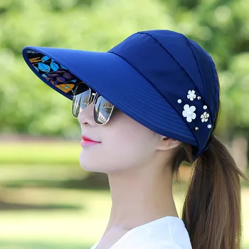 1 개 여름 여자를 위한 단순 여성 UV Protection 챙이 넓은 해변 선 바이저 여자를 위한 빈의 야구 모자