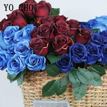 12 머리 인조의 꽃 로얄 파란 작은 장미를 가짜 꽃다발 결혼식을 위한 가정 장식 실크 꽃
