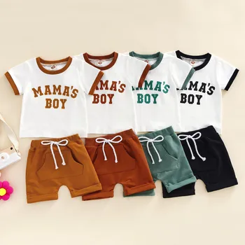 2022-04-19Lioraitiin0-24M 남자 아기 유아 2 의 소매가 짧은 편지를 인쇄 T-셔츠 주머니 반바지 세트 4 색