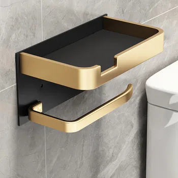 Black and Gold 욕실,화장실 롤 및 전화 홀더와 구멍이 없는 쉬운 설치를 위한 세련된 욕실 액세서리