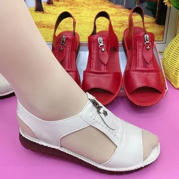 Comemore 여자 샌들이퍼 평면 소프트 2023 가죽 편안한 크기,조 여름 여성의 어머니 신발 솔리드 컬러 Chaussure 팜므 41