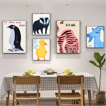 David Shrigley 타이거 펭귄 고래 포탄 고양이 벽 예술 북유럽 클래식 빈티지 포스터 빈티지 방 바 카페 장식 홈
