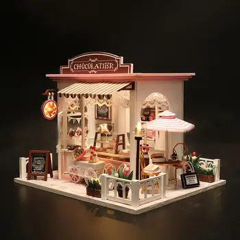 DIY LED 소형 초콜릿 가게 인형의 집 가구 3D 나무 수제 인형 장난감 공예 데스크 장식 교육 장난감