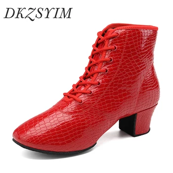 DKZSYIM 새로운 여성 Latin 짧은 부츠 볼룸은 재즈의 현대 무용 신발 끈츠 빨간색 검은색 스포츠 춤 운동화