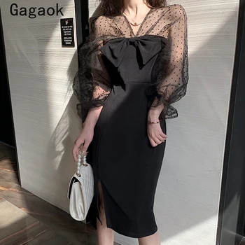 Gagaok 여자 복 2021 년 봄 가을의 새로운 솔리드 시스 퍼프 소매 V-소형 드레스 한국의 섹시한 Bodycon 패션 드레스