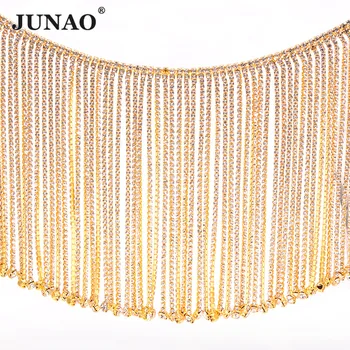 JUNAO45cm/많은 금 모조 다이아몬드 프린지 체인은 유리 크리스탈 리본 손질 골든 아플리케를 꿰매는 납 밴딩에 대한 옷