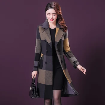 L-5XL 여자 울 코트 가을 겨울 2023 새로운 패션이 두껍게 따뜻한 격자 무늬 모직 외투 슬림 롱 탑 겉옷 여성