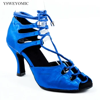 Latin 신발 블루 빨간색 새틴 5-10cm 발뒤꿈치한 깔 Zapatos De Baile 여성은 라틴어 춤 신발에 대한 연습