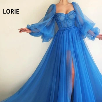 LORIE 블루 Prom 복장 긴 푹신한 소매 튤 등이 없는 형식적인 저녁 파티 드레스 미인 드레스는 2020 년 사용자 정의 만든