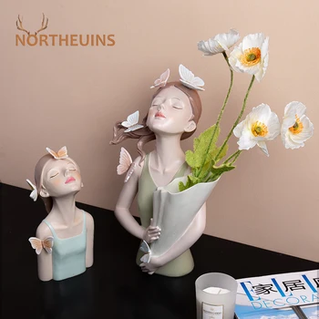 NORTHEUINS 나비 소녀 수지 조각 캐릭터 모델 꽃병을 현대적인 저장 동상 집에 거실 데스크탑 액세서리 장식