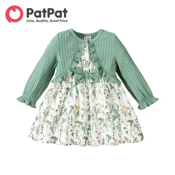 PatPat 드레스는 신생아 소녀는 옷을 새로 태어난 유아자 늑 주름 장식 활 소매 Spliced 드레스 아기 어린이