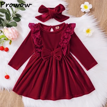 Prowow2022 아기 드레스의 겨울 레이스 소매한 드레스 벨벳에 대한 소녀 파티브닝 드레스는 신생아 옷 여자