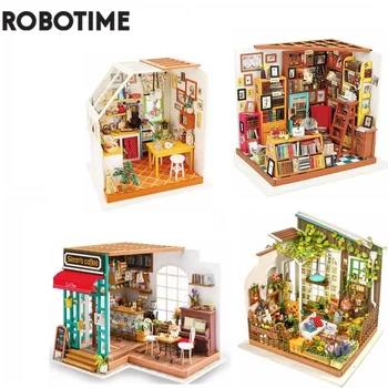 Robotime DIY 집과 가구 연구실 시몬스 커피를 성인 어린이는 인형의 집 소형 인형의 집 나무로 되는 키트 장난감