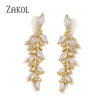 ZAKOL 매력은 골드 색상 잎 귀걸이 절묘한 작은 지르코니아 Dangle 귀걸이 우아하는 한국 결혼식 보석