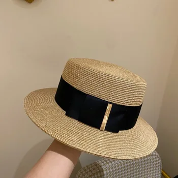 고전적인 패션을 평 밀짚 모자 여자를 위한 UV 보호 모자는 휴가 여성 해변 모자 봄 여름한 모자 Bowknot