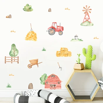 귀여운 만화 Zfarm 트랙터 나무는 건초 수채화 비닐 보 벽 인쇄 아이 소년실 인테리어 홈