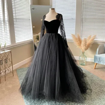 꿈의 고딕 양식의 롱 슬리브 웨딩 드레스 레이스 아플리케 청소 블랙 웨딩 드레스 2022 연인 계층 신부 드레스