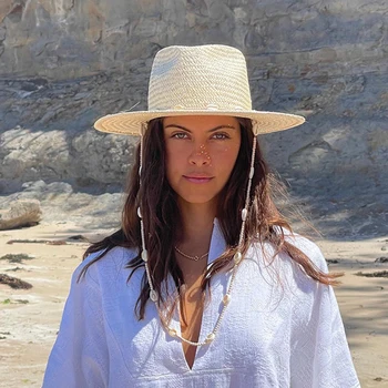뜨거운 판매 목 Chain 태양 여자를 위한 쉘 스트랩 로프 해변 숙녀 모자지 짚 UV 모자