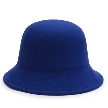 빈티지 모직 펠트 모자 여자는 우아한 물통 모자를 겨울 정상 모자 간단한 솔리드 컬러 교회 재즈 숙녀 모자 돔 중절모 모자