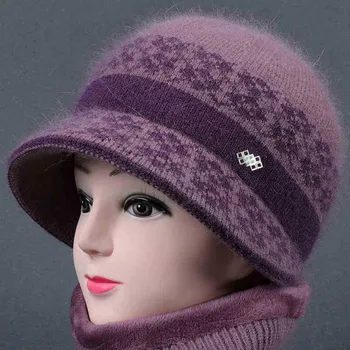 새로운 가을 겨울 모자 여자는 따뜻한 울한 꽃 니트 모자 스카프를 설정하는 여성 토끼 머리 방풍 벨벳 캡