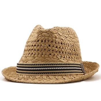 새로운 여름 부모-자녀 캐주얼 태양 여자를 위한 패션 재즈 남자 해변 Trilby 짚 파나마 모자 빈 벨트 선바이저 모자