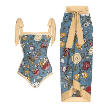섹시한 인쇄된 비키니 세트 빈티지 Colorblock 플로럴 프린트 원피스 수영복으로 덮개 Ups 여자 수영복 밀어 수영복