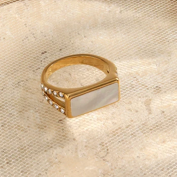 스테인리스 18K 금도금 녹색 까만 백색 아크릴 쉘 기하학적트 링 여성 골드 반지 보석