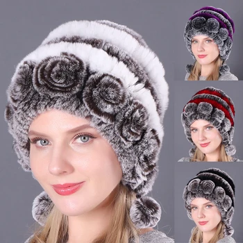 여자 모자에 대한 겨울연 토끼 캡 러시아 여성 모피 헤드기어 야외 귀 따뜻한 꽃 귀덮개 모자 모자