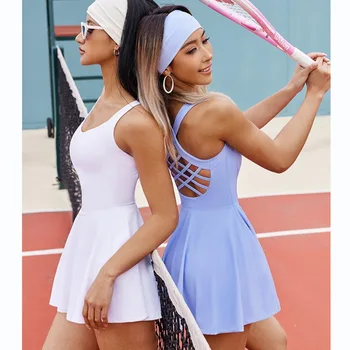 여자 테니스 드레스 한 조각한 맞는 소프트 스포츠 세트 배드민턴 골프 Skorts 를 다시 십자가 운동복으로 가슴 패드 요가복