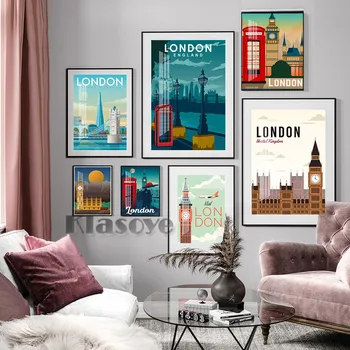 영국의 런던을 방문한 홍보 빈티지 인쇄 포스터 도시의 풍경 여행 광고 캔버스에 그림을 거실 가정 장식