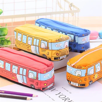 창의적인 버스는 귀여운 연필 경우 만화 연필 가방 학교 문구 스토리지 가방 학생은 문구류 가방 아이들이 캔버스에 펜 케이스