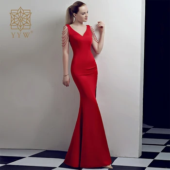 크리스탈 구슬로 장식 V 목 소매한 이브닝 드레스 여성이 높은 틈새 공식적인 가운 여성의 단단한 녹색 빨강 섹시한 클럽 드레스