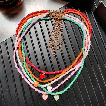 패션 사탕 에나멜을 심장에 구슬로 만드는 목걸이 여성을 위한 간단한 멀티 컬러 종자 비즈 문 Y2K 보헤미아 Handmade 보석매